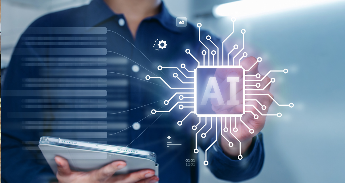 Person is holding a tablet and the other hand is reaching out touching a chip of AI